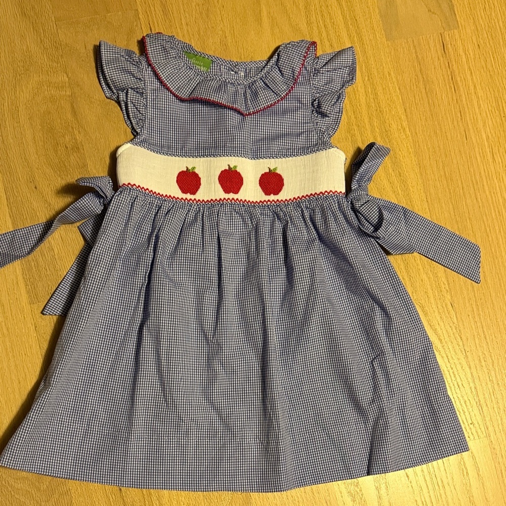 Blue Gingham Smock Kids Dress with Apple Embroidery Side Bows - Back To School